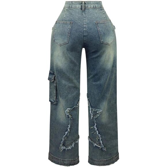 Women's Y2K Baggy Cargo Jeans High Waist Ripped Star Tassel Denim Pants - Picture 6 of 6
